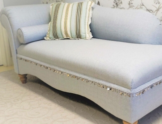 blue beachy chaise lounge with new upholstery