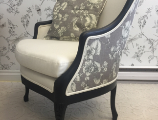 Cream Express Chair with new upholstered cushion and inside back. Different material on the back of the chair
